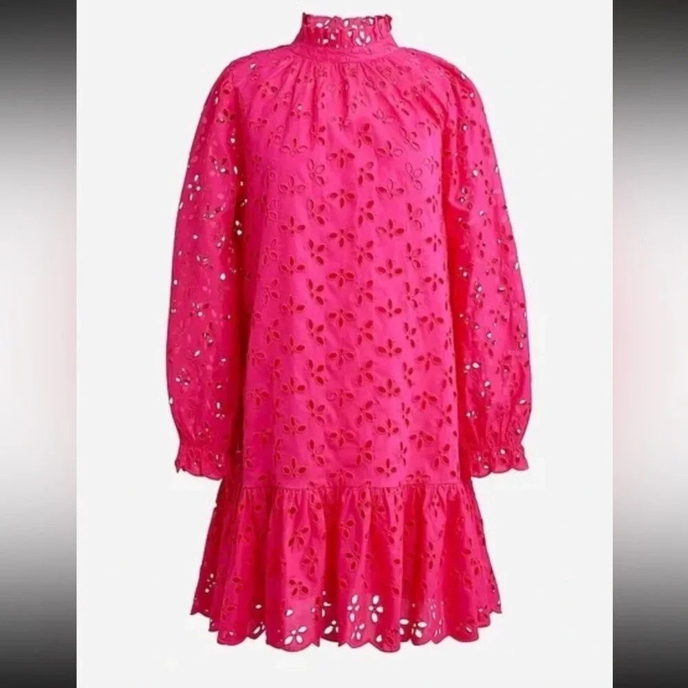 J. Crew Ruffleneck Mini‎ Dress In Eyelet Pink 100% Cotton Dress Size Small